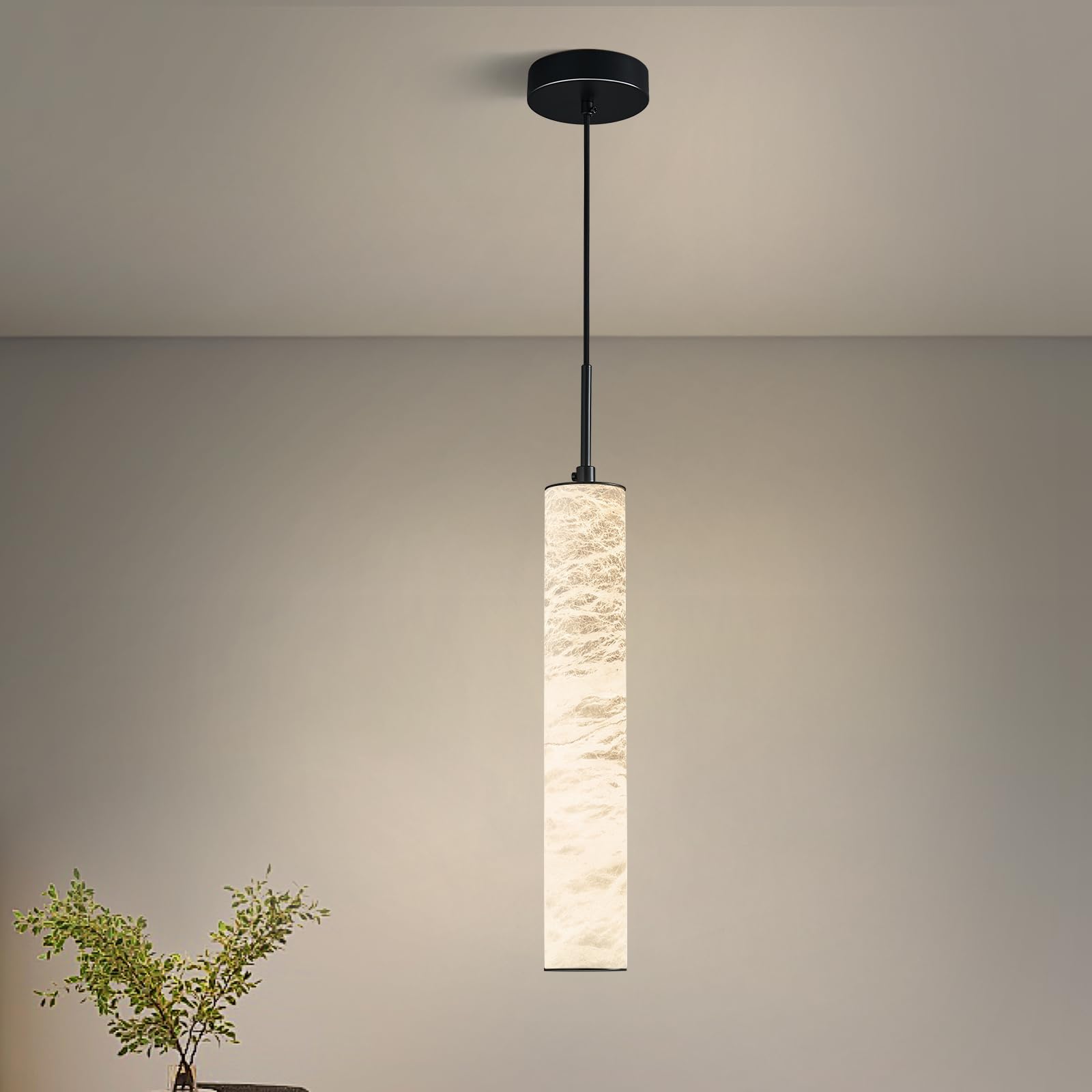 Photo 1 of LMQNINE Natural Alabaster Pendant Lights for Kitchen Island White Marble Long Tube Chandelier Modern Black Ceiling Light Fixtures for Bedroom Dining Room Table Living Room Hallway(M-1Pack)