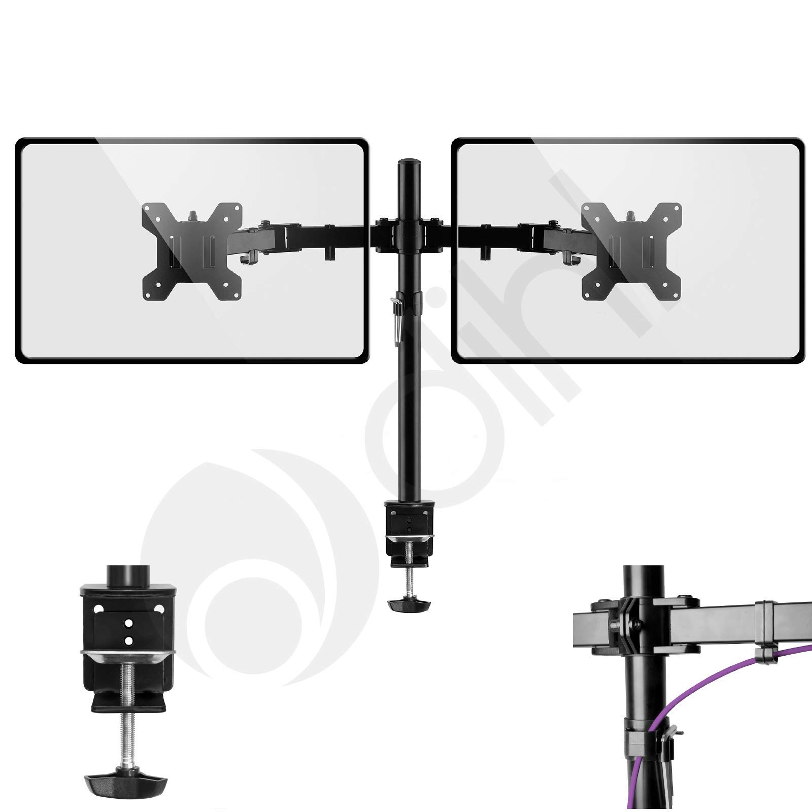 Dihl Dual Monitor Desk Stand, Twin Monitor Mount Clamp for 13 to 27 Inch Screens, Height Adjustable Arms, Tilts 90°, Swivels 180°, Rotates 360°, VESA 75 or 100mm, Black