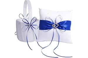 QIRMIZI Wedding Ring Pillow and Flower Girl Basket Set – Adorned with Pearl Rhinestones, White Satin,Blue