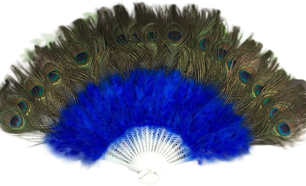 Lazzboy Peacock Feather Hand Folding Fans Showgirl Fancy Dance Elegant Plastic Costume Party Wedding Opera Decorations(Blue,37cm)