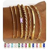 M MOOHAM Valentines Gifts for Her - Gold Birthstone Bracelets Stack for Women, 14K Real Gold Plated Beaded Bracelets Rope Paperclip Chain Bracelet Non Tarnish, Friendship Birthday Jewelry Gifts