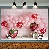 Pink Balloons Strawberry Photography Background Girls Birthday Party Decoration Sweet First Birthday Party Supplies Baby Shower Party Cake Smash Banner (7X5FT)