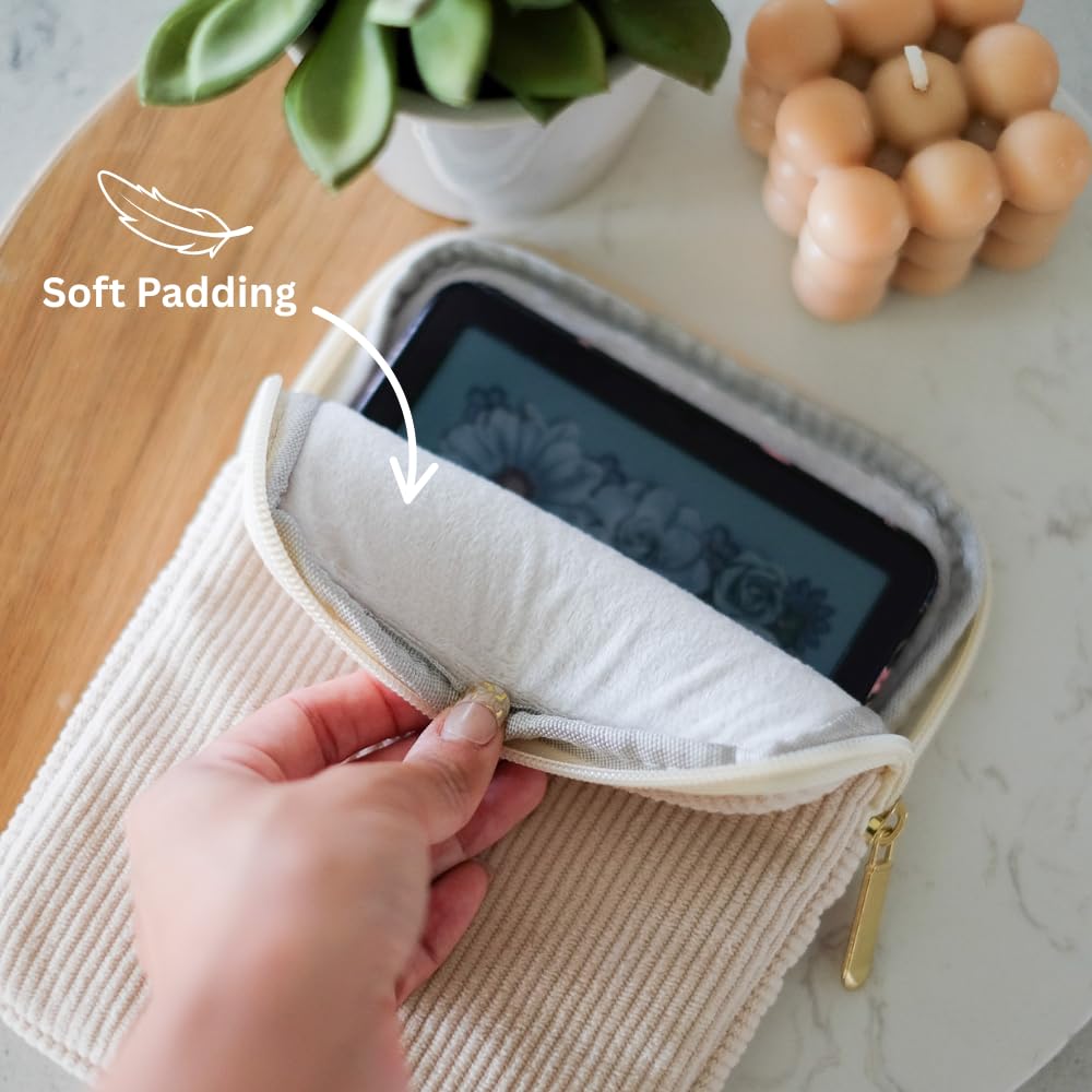 StickieTech Kindle Sleeve - Cute Corduroy 8x6.25 inch Case, Cream Kindle Pouch, 2 Pockets - Compatible with 6-7 inch E-Readers, Ideal Travel Sleeve