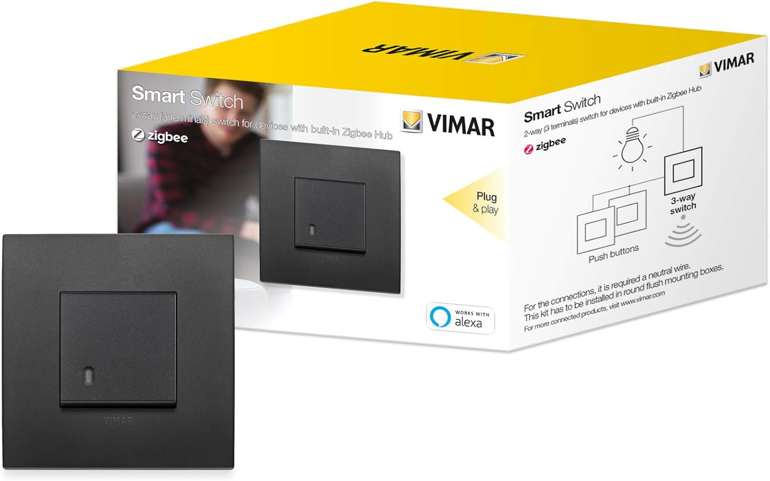 Vimar 0K19592.02 Arké smart 2-way switch Compatible with Alexa, kit plug & play for device in Zigbee Hub required a neutral wired