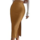 Ladybranch Women's Casual Midi Ribbed Knit Skirt with Side Slit Stretchy Work Business Casual Pencil Pull-On Skirts