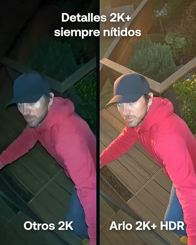 Pro 6, WiFi 2K+ HDR Câmara de vigilância exterior, reconhecimento por IA, visão noturna a cores, funciona com Alexa, Arlo Secure Test incluído, 4 câmaras + 1 bateria adicional e carregador duplo