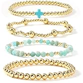 SHINUS BOHO 4PCS/Set Cross Gold Beaded Stackable Bracelets for Women,Handmade Boho Colorful Gemstones Bracelets Stack Fashion Jewelry