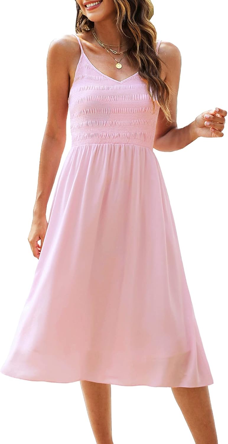 Maggeer Smocked Dress Women Midi Sun Dresses Summer Spaghetti Strap