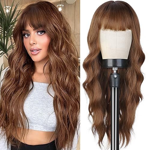 POPTAIYU Ombre Brown Wavy Wigs with Bangs for Women, Long Wavy Wig with Bangs,Curly Natural Looking Synthetic Heat Resistant Fiber Wig for Party Cosplay Daily Use 26 Inches (Ombre Brown)
