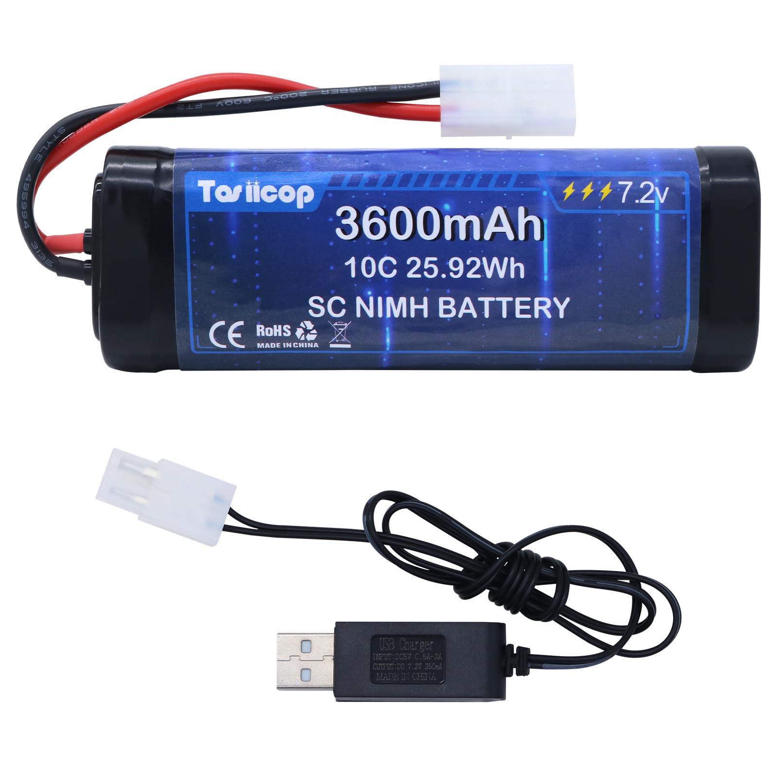 Tosiicop 7.2V 3600mAh RC Car Battery Pack - 7.2 Volt NiMH Rechargeable Batteries with Tamiya Plug Connector for Remote Control Car Monster Trucks Buggy Truggy Boat Tank and Related
