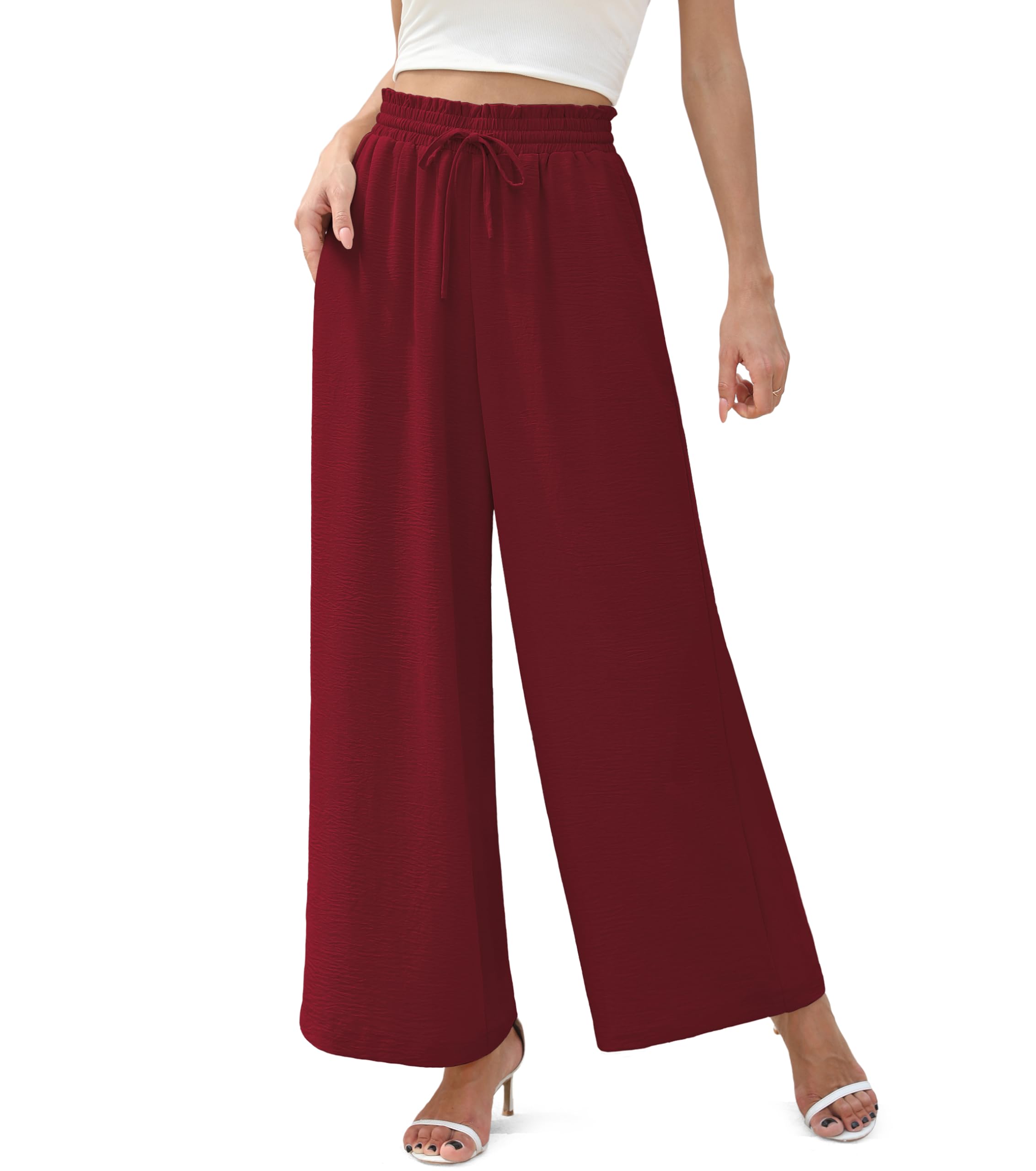 Photo 1 of YuYukan Women's Wide Leg Business Casual Pants High Waisted Comfy Boho Linen Flared Teacher Pants with Pockets Wine Red Medium