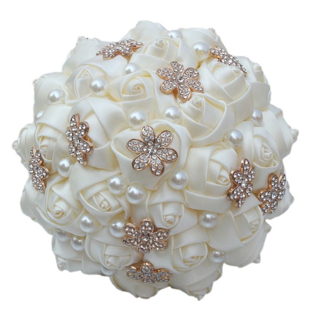 S-SSOY Wedding Bouquet Bride Bridal Brooch Bouquets Bridesmaid Ivory Cream Gold Bouquet Diamond Pearl Ribbon Valentine's Day Confession Party Church with Free Corsage Flower, 15x23cm