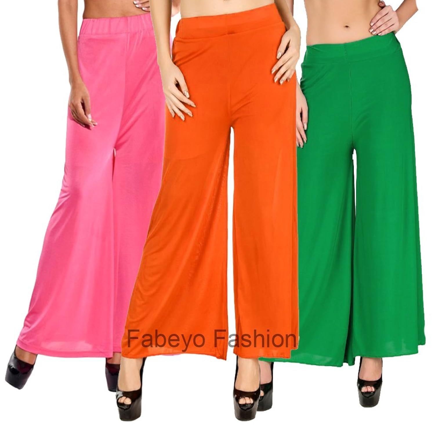 fabeyo elastic waist wide leg flared lycra palazzo pants for women's-pack-3_free size
