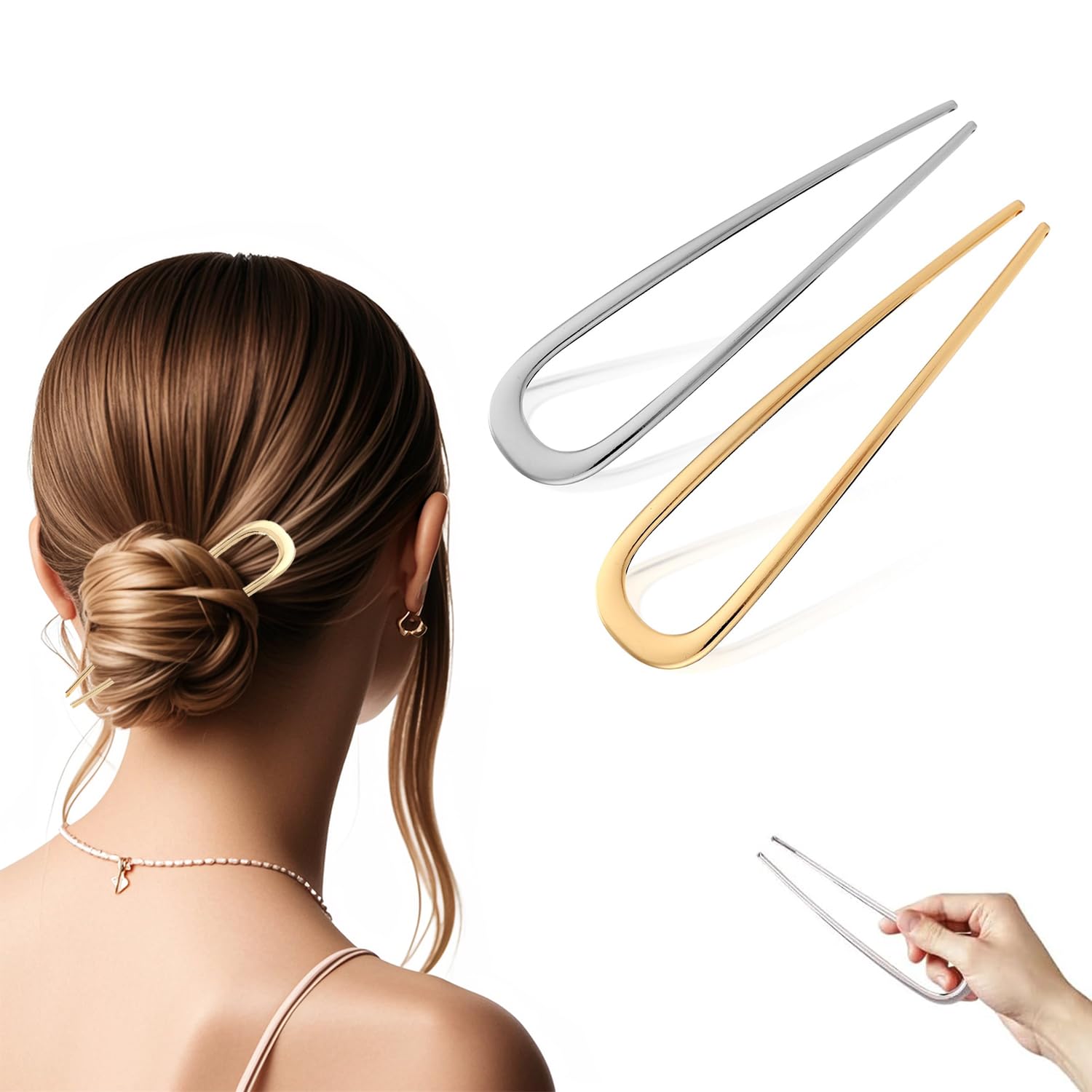 Esshogo Pack of 2 French Hair Pin, U Shaped Hair Pins, French Twist Hair Pin, Large U-Shaped Metal Hair Pins, for All Hair Types of Women and Girls, Hairpin, Gold, Silver