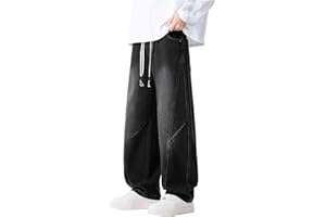 Mens Fleece Lined Jeans Straight Wide Leg Jean Pants Retro Baggy Warm Drawstring Trousers with Pockets