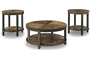 Signature Design by Ashley Roybeck Rustic Round 3-Piece Table Set, Includes 1 Coffee Table and 2 End Tables with Fixed Shelf, Light Brown