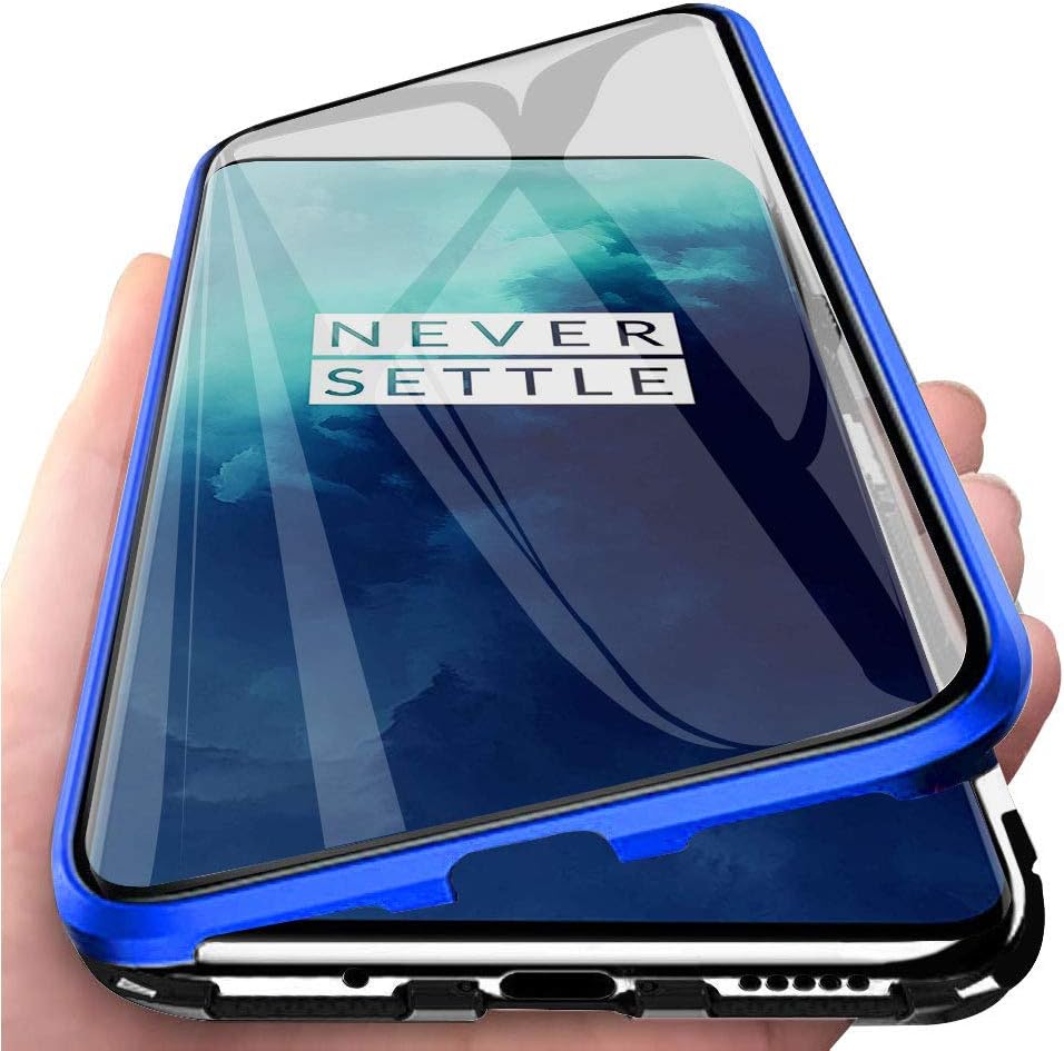 TUUT Magnetic Case for OnePlus 7T Pro, Magnetic Adsorption 360°Full Protection Hard Cover with Built-in Magnets Metal Bumper Frame, Clear Double 9H Tempered Glass - Clear Blue