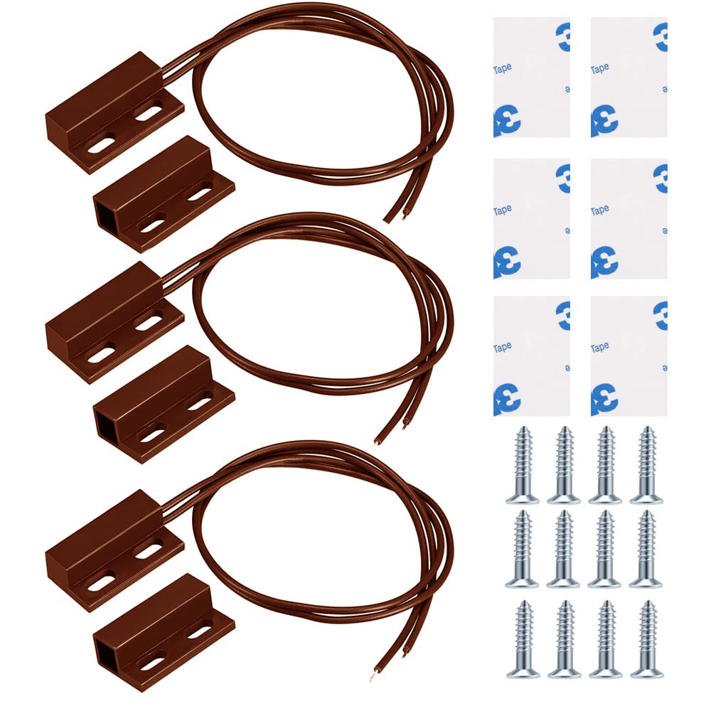 Guuzi 3pcs Surface Mount Wired Door Sensor Alarm Magnetic Reed Switch Brown,Normally Closed Magnetic Switch