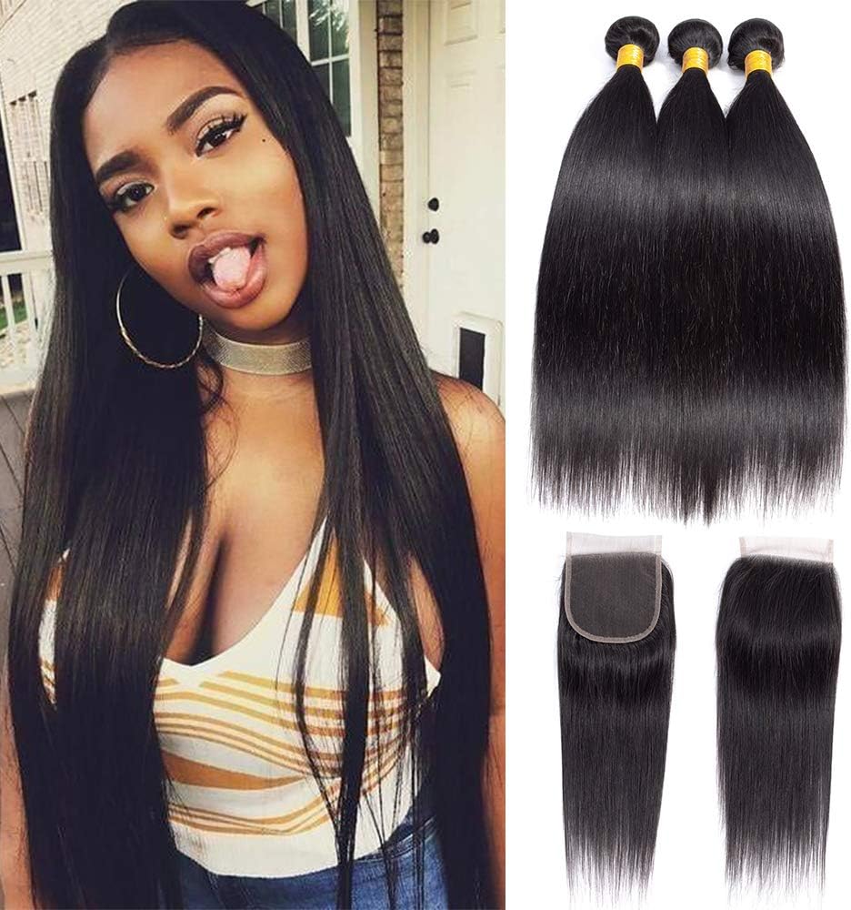 MSD HAIR Brazilian Virgin Remy Straight Hair Weave Unprocessed Human Hair (16 18 20+14)