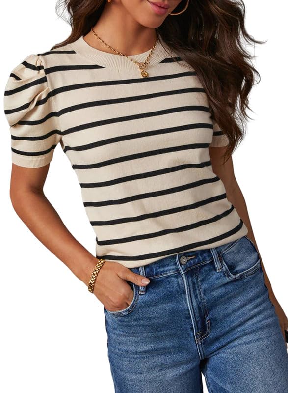 Dokotoo Women's Short Puff Sleeve Knit Tops 2025 Trendy Crewneck Striped T Shirts Casual Summer Blouses