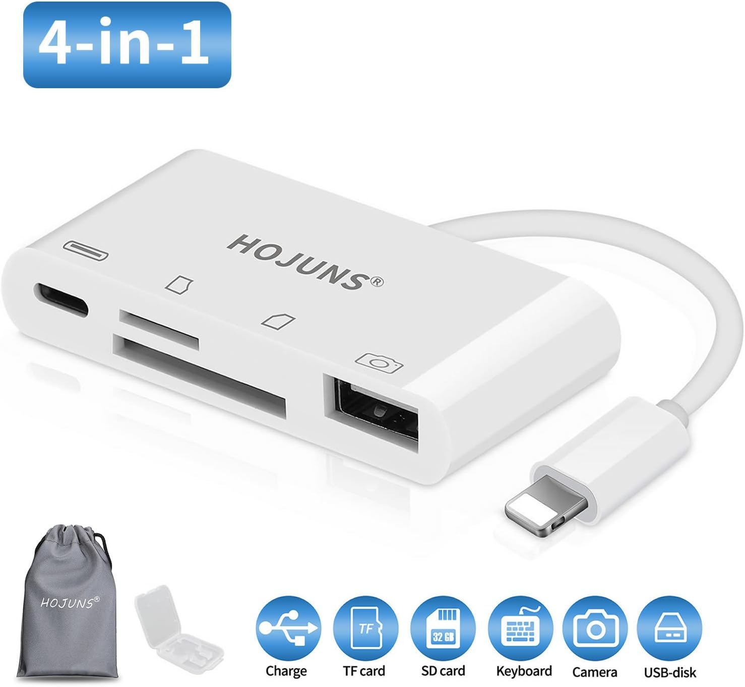 4 in 1 Lightning to USB Camera SD TF Card Reader Adapter HOJUNS Trail Game Camera Connection Kit, Lighting to USB 2.0 Female OTG Adapter Cable for iPhone iPad Series, Support IOS 9.1 to IOS 11
