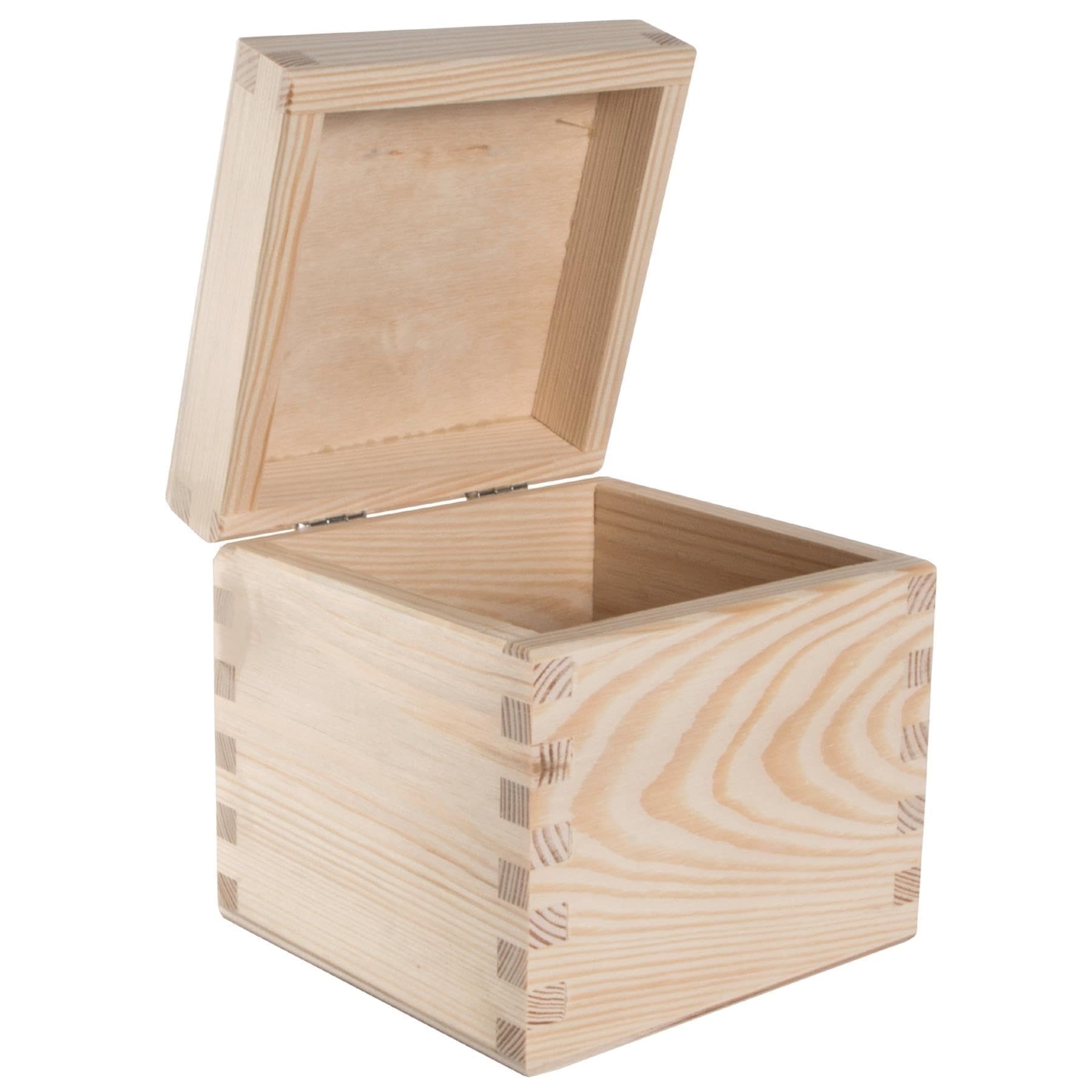 WooDeeDoo Square Wooden Memory Box with Hinged Lid – 11 x 11 x 10.5 cm – Natural Pine Cube Storage for Keepsakes Crafts DIY Projects Unpainted Plain Box for Personalised Gift or Home Organisation — image 1