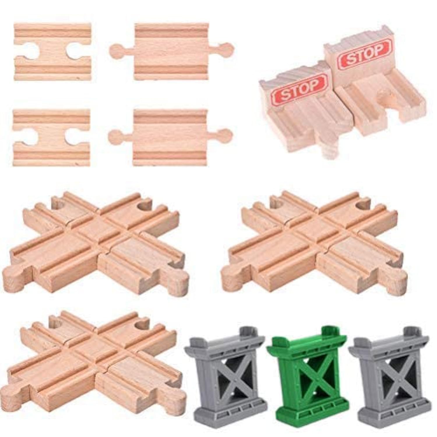 CCCYMM 12 pcs Wooden Train Track Set, Male-Male Female-Female Bump Track,Bridge Pier Track(Random Color),Cross Track and Stop Track Compatible with All Major Brands