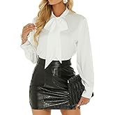 Escalier Women's Silk Blouse Long Sleeve Bow Tie Neck Button Down Shirts Casual Office Work Blouse Tops