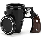 Revolver Gun Mug with Lid, Novelty Ceramic Coffee & Tea Cup with Spin Wheel Handle - Ideal Military Gifts for Men and Women, Coworker & Gun Enthusiasts(16 oz Black)