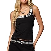 NUFIWI Women Studded Tank Top Silver Rivets Trim Crop Top Sleeveless Sexy Going Out Tops Trendy Streetwear