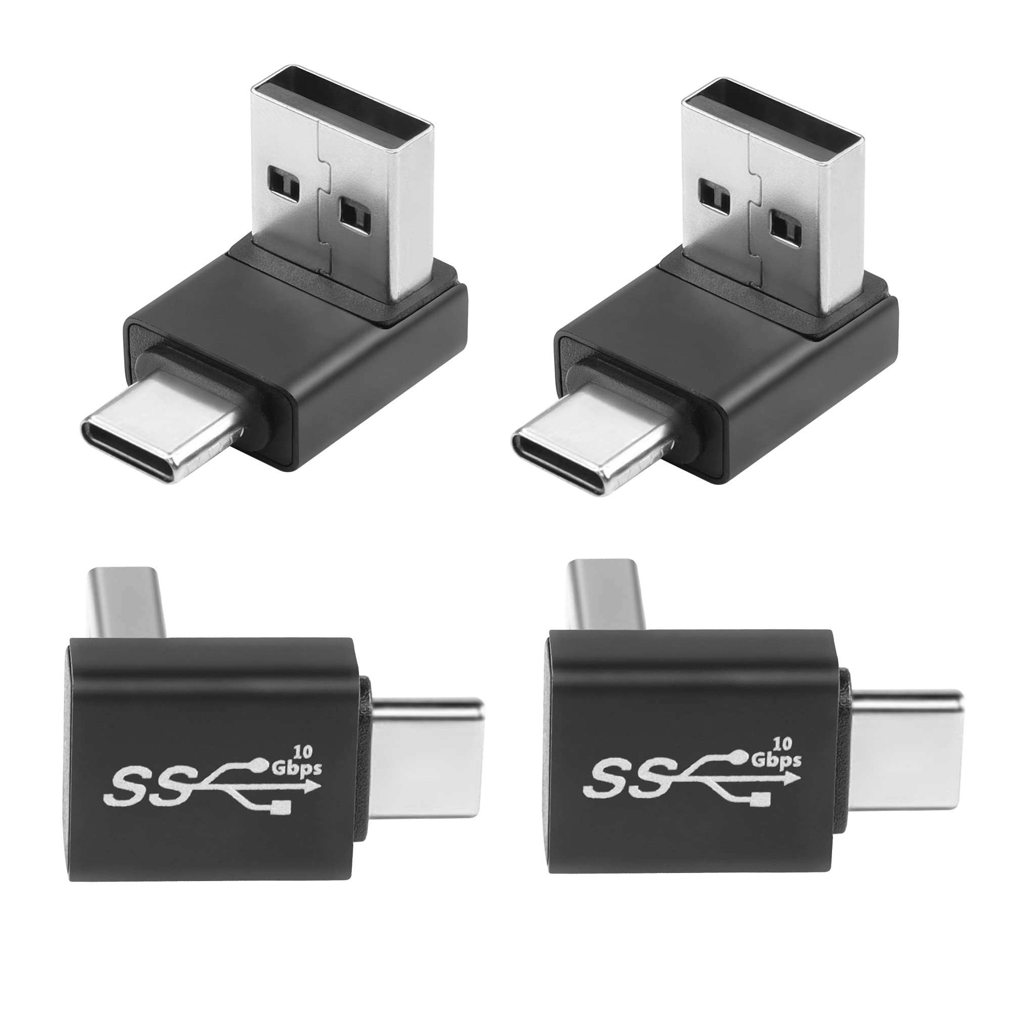 QIANRENON USB3.1 Male to USB C Male 90° Angle Data Adapter 10Gbps USB3.1 to USB C Charging Connector Right Angle Plug QC60W/PD15W (only A to C), for Phone Wall Charger Laptop,4Pcs(Positive Bend/Down)