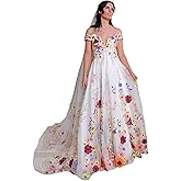 BaoWw Women's 3D Flower Wedding Dresses A Line Beach Bridal Gowns Tulle Prom Dress with Train