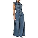 xxxiticat Women's Denim Jumpsuit Sleeveless Button Down Tank Top Flared Wide Leg Bell Bottom One Piece Jeans Overalls