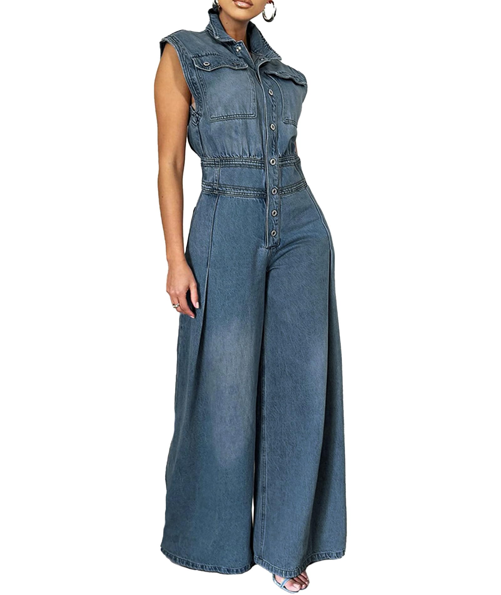 Photo 1 of xxxiticat Women's Denim Jumpsuit Sleeveless Button Down Tank Top Flared Wide Leg Bell Bottom One Piece Jeans Overalls(BE,M)