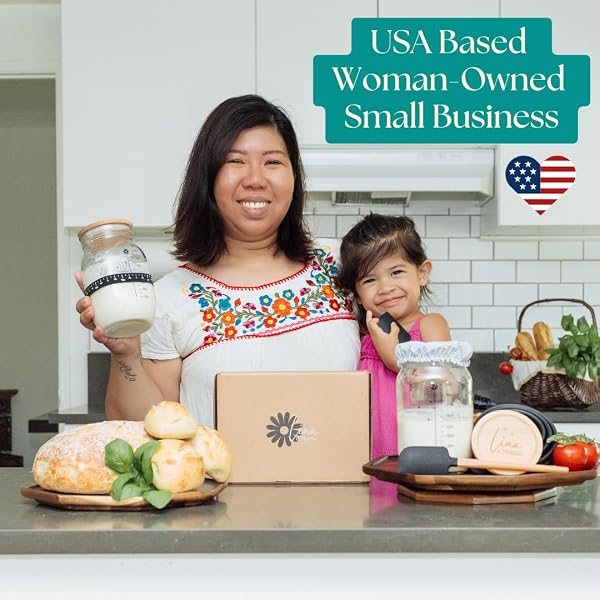 LINA E MAMA 34 OZ SOURDOUGH STARTER JAR | SOURDOUGH STARTER KIT | WIDE MOUTH SOUR DOUGH KIT WITH A WOODEN & ALUMINUM LID, SPATULA, AND FUNNEL | SOUR DOUGH JAR FOR BEGINNERS AND PROS