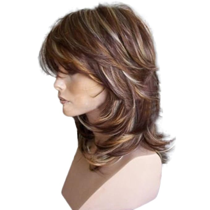 Amazon Com Wigs For Women Medium Side Bang Highlighted Layered