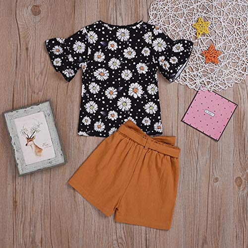 Toddler Baby Girl Sumflower Outfits Flare Sleeve Shirts Top + Bows Waistband Shorts Pants Summer Clothes Set (Sunflower, 1-2 Years)