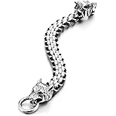 COOLSTEELANDBEYOND Men Stainless Steel Vintage Wolf Head Link Chain Black Leather Interwovened Bracelet