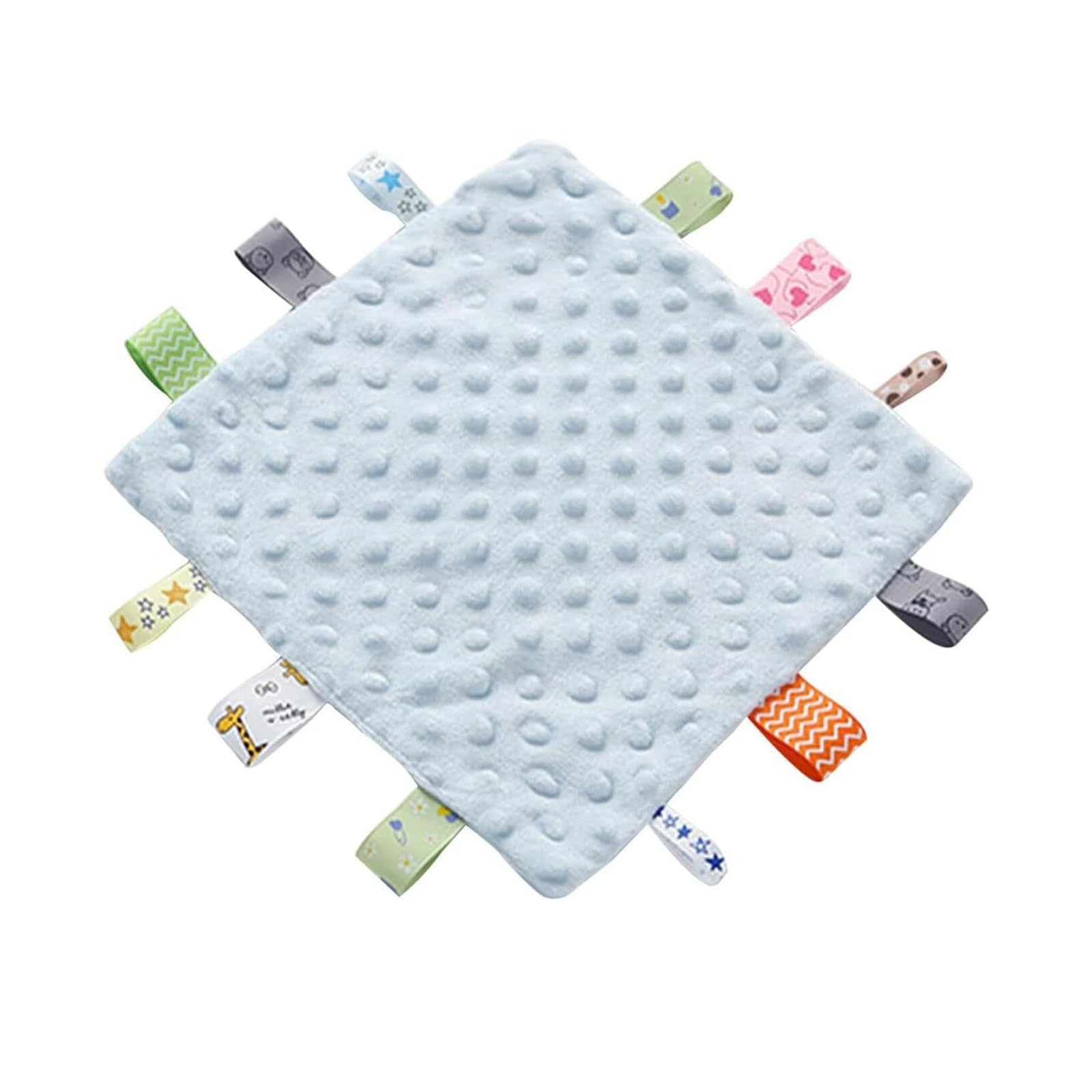 Baby Taggie Comforter Baby Comfort Blanket with Sensory Tags and Bubble Soft Touch Foil Print Pattern Soft Sherpa Satin Back Pram Blanket Crib Wrap (1 pcs Baby blue)