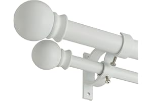 Mayrhyme Matte White Double Curtain Rods 72-144 Inch,1’’Front and 5/8’’Back Double Drapery Rod with Small Round Ball and Aluminum Brackets, Adjustable Dual Window Rod for Sheer/Blackout Curtains