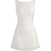 CIDER Mini Dress Backless Bow Tie Solid Linen Blend Boat Neck Summer Vacation Going Out Cute Short Dress