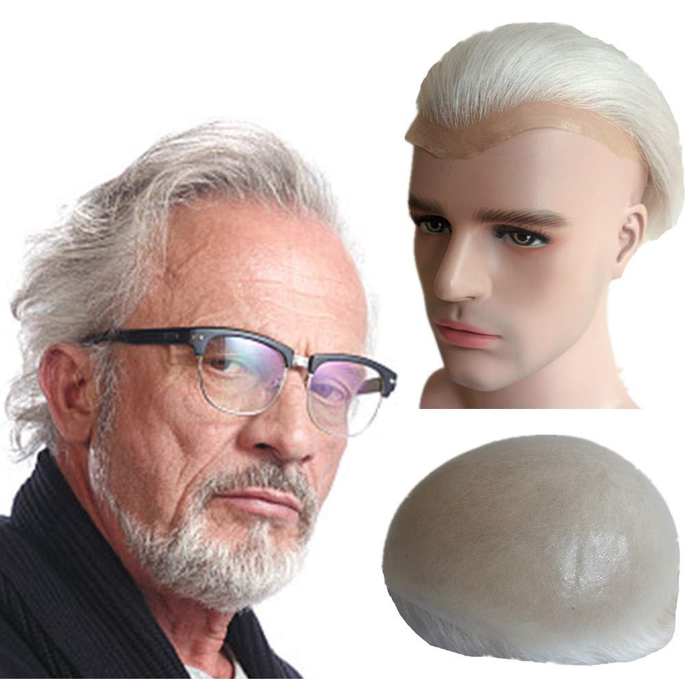 NLW 100% Human Hair Mens Toupee 0.04mm Thin Skin Double Knots Hairpieces for Gentlemen Hair replacement System Man Hair Piece hairs prosthesis units patch implant for men #Gray