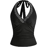 SOLY HUX Women's Y2k Rhinestone V Neck Halter Tops Sleeveless Backless Ruched Going Out Crop Top Party Club Outfits