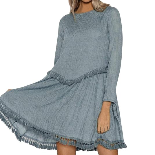 Mitlfuny Damen Bohemian Lange ÄRmel Tunika Strandkleid Minikleid Vintage Strandtunika Herbst A-Linie Bowknot Bandage Kleid