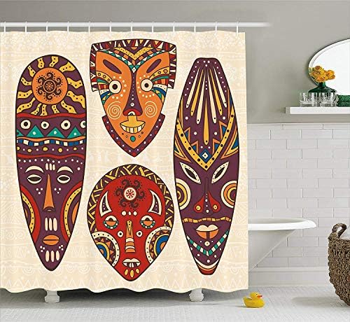 ruichangshichengjie Tiki Bar Decor Shower Curtain, Decorative Mask Designs African Aborigine Art Patterns Cultural Ethnic Print, Bathroom Decor Set with Hooks, 60 x 72 Inches Long, Multicolor