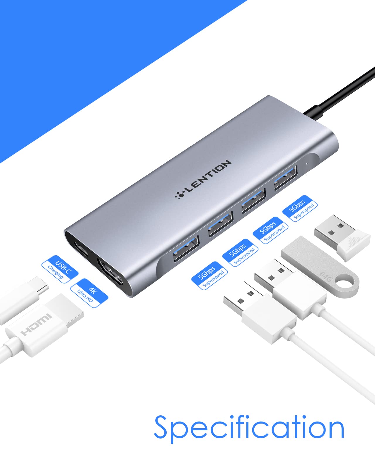 LENTION USB-C Multi-Port Hub with 4K HDMI Output, 100W PD, 4 USB 3.0 5Gbps Compatible 2024-2016 MacBook Pro, New Mac Air & Surface, Chromebook, iPhone 15, More, Stable Driver Adapter (C35, Space Gray)
