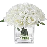 JOJOWOO 18 Heads Faux Rose Flowers in Vase, Fake Rose Flowers Arrangement in Vase with Fake Water for Dining Table, Wedding Decor (Cream)