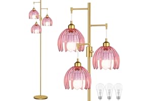 ZECOXOL Gold Floor Lamps for Living Room Vintage Pink Floor Lamp with Glass Lmapshape & Three Led Bulb,Dimmable Mid Century M