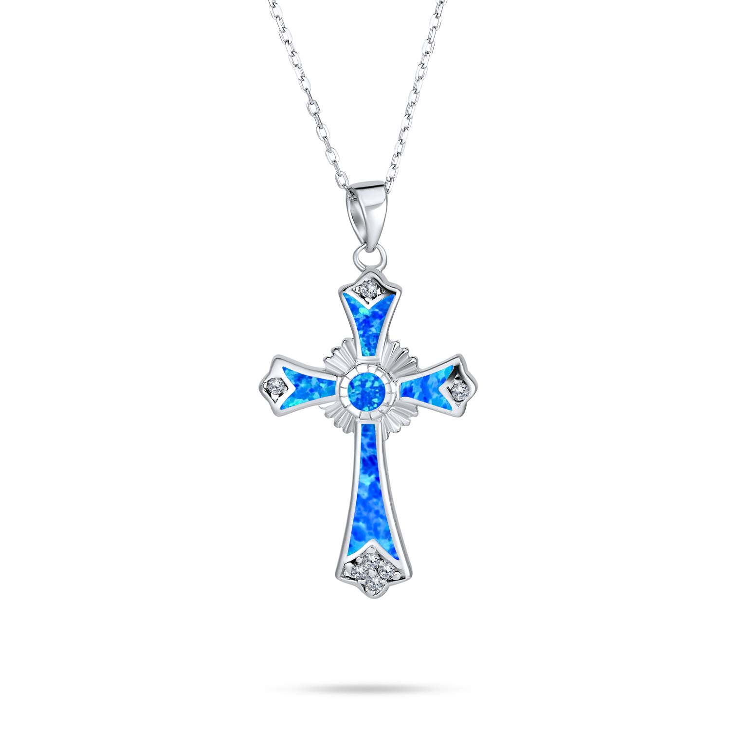 Antique Vintage Style Gemstone Created Blue Opal CZ Christian Eternal Circle Cross Pendant Necklace For Women .925 Sterling Silver October Birthstone — image 1