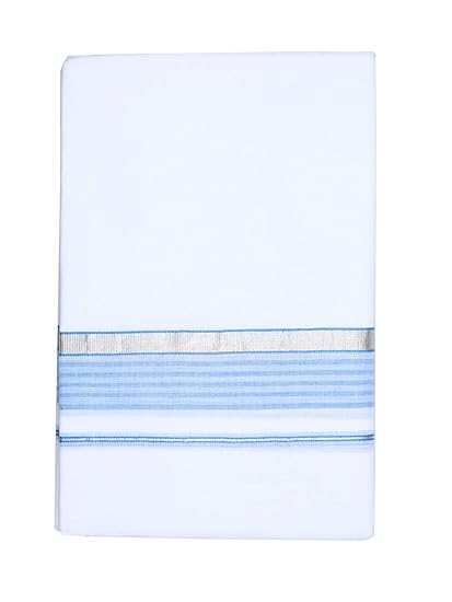 Men's Cotton Double Dhoti, Free Size_101,White and Skyblue Zari